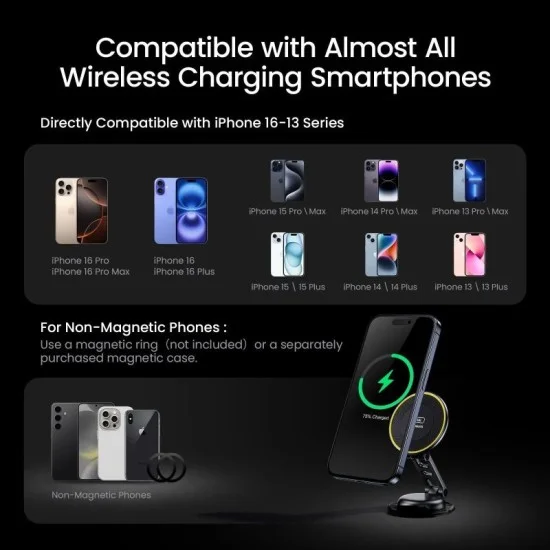 Aohi superauto foldable 360&deg; magnetic wireless car charger with 3.3ft c-c cable (only sold in us) _ black